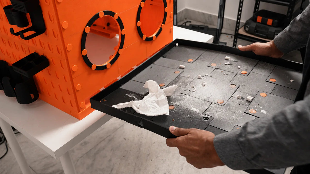WorkBox removable tray collects offcuts and debris for easier cleanup